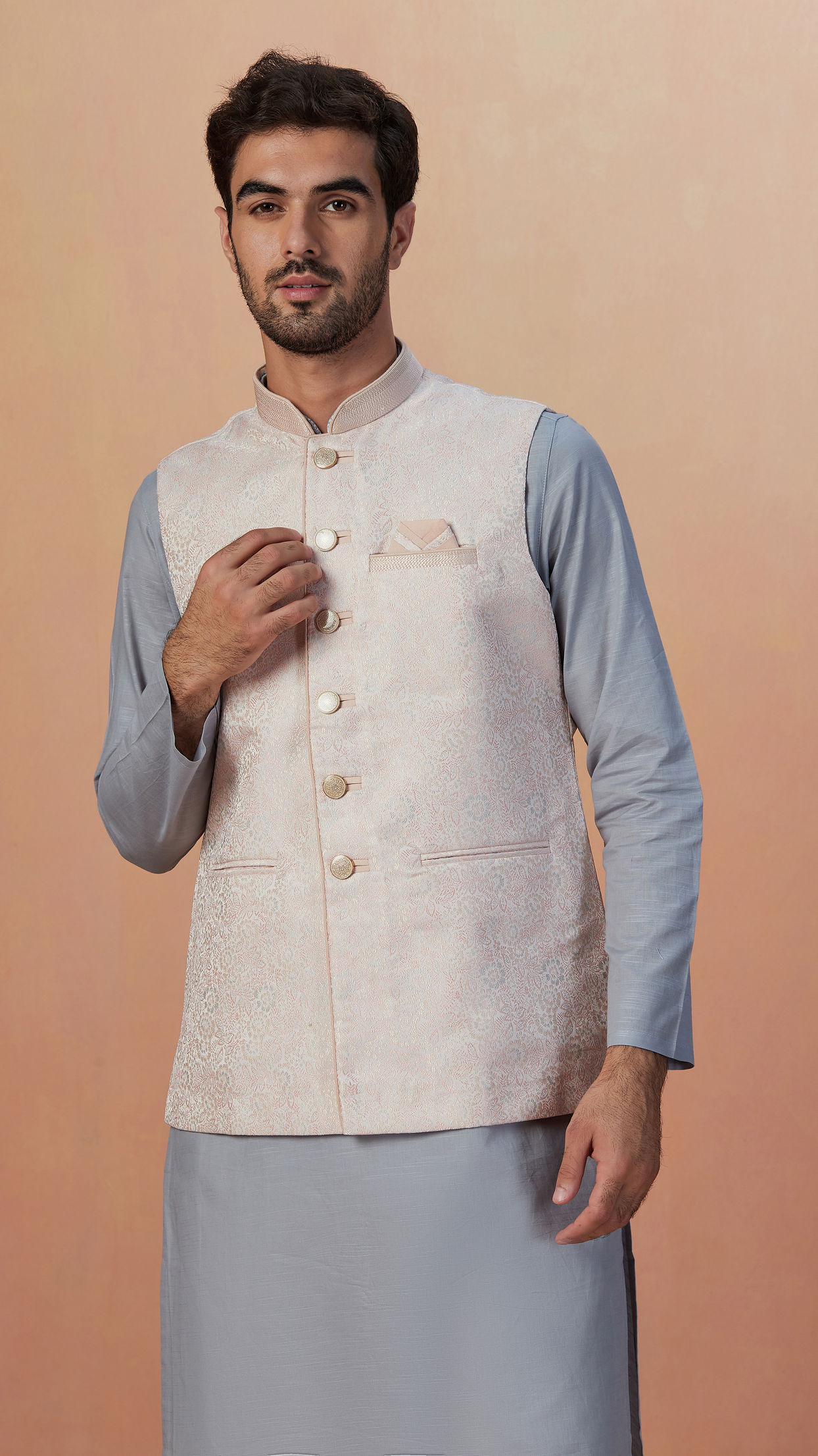 alt message - Manyavar Men Off White Self Design Jacket image number 0